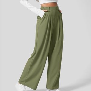 High Waisted Plicated Wide Leg Waffle Work Pants